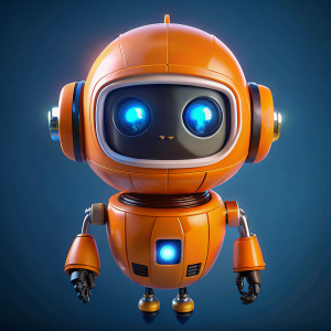 Flying orange rounded robot, round robot, eyes-screen like a motorcycle helmet, with large eyes-indicators on the screen black screen, blue indicators-eyes smiling shut and glowing, with a wide white stripe on the helmet, no mouth, no arms and legs, thin tendrils on the ears, on a blue background, the robot flies