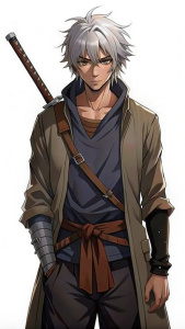 white shoulder length hair, slanted closed eyes, naruto shinobi clothing, katana on his hip, dark expression with no smile, dark gloomy rainy background, junji ito style