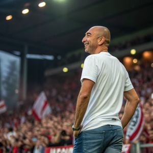 Roberto Di Matteo, bald, wearing a casual white t-shirt and jeans. Standing in front of a stadium crowd, cheering and waving.