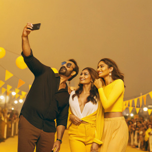 Ajay Devgn, Ileana D'Cruz, and Esha Gupta on a bustling outdoor street festival in India. Crowds of fans and vibrant decorations surround them.