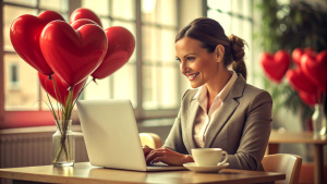 Widely smiling businesswoman working on laptop sitting in a cafe