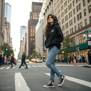 Camila Cabello on the streets of New York, casual attire. Black hoodie, jeans, sneakers