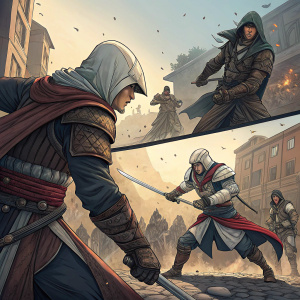 Assassin's Creed battle scene, detailed manga-style artwork, multiple panels, action-packed sequence, characters in various dynamic poses, intense expressions, traditional art style
