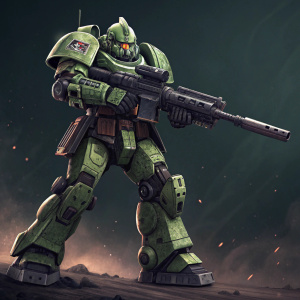 Digital art of a Zaku robot from Gundam series. Futuristic design, dynamic pose, holding a massive energy rifle. Colors: green and black, intricate details, dark background
