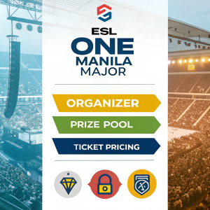 Infographic showcasing details of ESL One Manila Major. Highlights include event dates, organizer, prize pool, and ticket pricing.