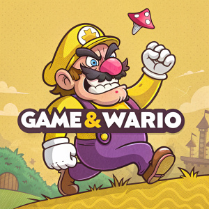 Digital illustration of Wario from Game & Wario, featuring a big, angry face with a large nose and mustache. Bright colors, yellow background, playful and fun style. Centered, the Game & Wario logo stands out.