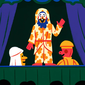 A puppet likeness of Osama Bin Laden, dressed in a distinctive camouflage outfit, featured at a political satire exhibit.