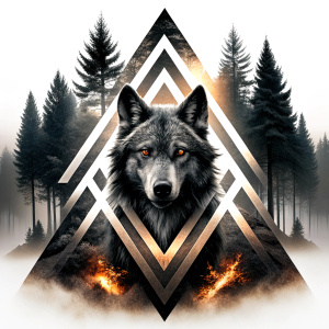 valknut runes pattern geometric symbols - wolf and trees - tattoo design - perfect realistic art - high-definition - grey and black - white background 