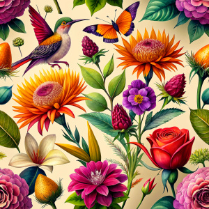 exotic orange craft paper with flying dark   wine -red exotic  birds   and  yellow  red  exotic  pink  wild flowers ,ochra  lobelia , red  artichoke ,yellow gladiolus. orange hollyhock,wine redanemone  ,yellow  aster , purplehyacinth ,saffron ,primrose ,rosemary 