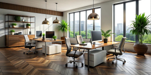 3D render interior design Office Room . Office desks with office chairs. Concept of working place. 3d rendering