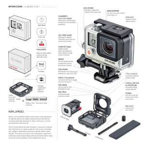 Detailed manual for GoPro Hero4 Silver camera in Spanish. Step-by-step guide for assembly and operation, including all components and functions.