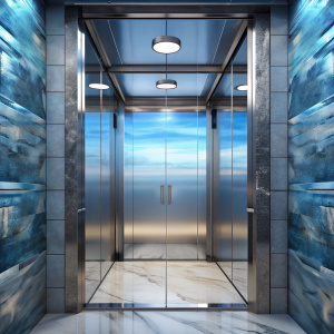 2020s Modern Elevator Cab with Silver Glass Walls and Marble Floor,Back Vide