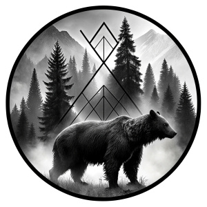 vegvisir runes geometric symbol - bear and trees - tattoo design - perfect realistic art - high-definition - grey and black - white background 