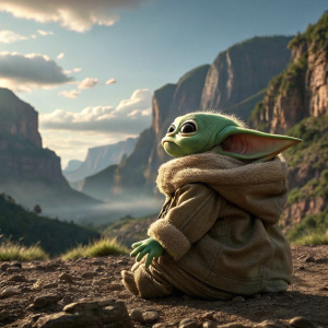 Promotional image for 'The Mandalorian'. Baby Yoda, a green alien, in a brown, furry outfit. Sitting gently on a rocky terrain, surrounded by dramatic mountainous landscape.