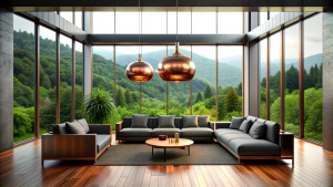 A modern living room with high ceilings and picture windows offering a panoramic view of the lush greenery outside. The interior features a dark, minimalist color scheme, with a large, plush sofa in the center, a flat-screen TV mounted against the glass wall, and stylish wooden flooring. Hanging from the ceiling is a series of copper-colored spherical pendant lights, adding a warm glow to the space. The atmosphere is cozy and luxurious, perfect for relaxing or receiving guests. In the center of 