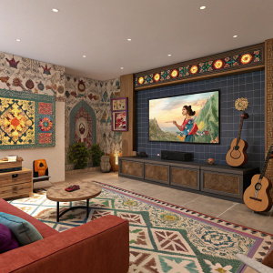 3D render of living room, Disney Encanto theme. Vibrant colors, intricate tilework, musical elements, large screen showing film scene.