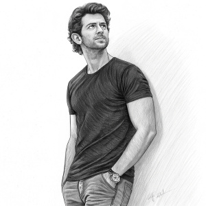 Sketch of Hrithik Roshan in pencil, standing against a white background. Wears black t-shirt and casual jeans. Expressive face, confident posture, detailed features.