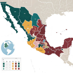 Interactive map of Mexico illustrating drug cartel territories. Uses distinct colors to differentiate between major cartels like Sinaloa, Jalisco Nueva Generacion, and others. Includes global context and detailed regional focus on key areas with cartel presence.