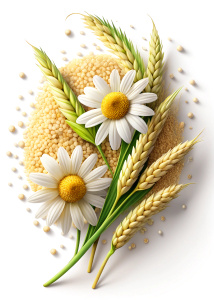 Creates an image of a long ear of rice and two realistic chamomile flowers, with white background in an elongated vetical shape