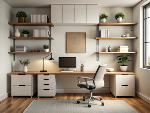 Modern Home Office:
Develop a home office with a floating desk, ergonomic chair, and wall-mounted shelves for a clutter-free environment. Use a neutral color scheme with pops of color in decor and artwork, and ensure ample natural light.