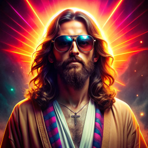 Jesus christ as a 1980s action star with sunglasses