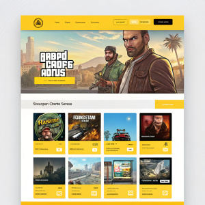 Website showcasing Grand Theft Auto game covers. Grid layout with yellow and neutral tones. Header with logo, game cover grid featuring main characters and scenes, footer with graphic. User-friendly design for digital media.
