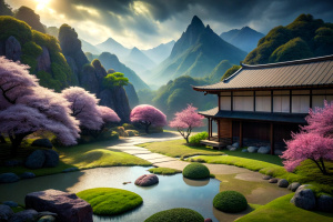 mystic backyard of a in daylight with a cherry tree with blossoms and breathtaking landscape