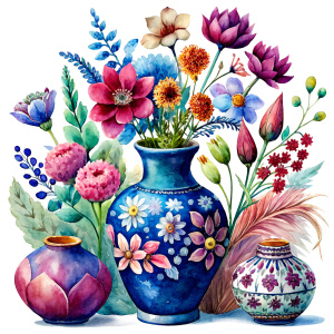 a WATERCOLOR IMAGE , Antique Bohemian Enamel space  Blue  Vase classic, shape and a painted lotus vine pattern. Ceramic vase , THERE ARE IN THE VASE : watercolor SAND BROWN WILD FLOWERS ,GREEN WEEDS ,burgundy PEONIE,range  Bougainvillea, PURPLE dandelion ,yellow  geranium,TOFFEE Narcissus, ochre crocusES ,dusky pink daffodil ,WHITE roses ,amaranth Damarion s, red tulips , orfreesia ,sienna orange lavender Common Crape Myrtle ,Watsonia ,tritoma.carmine Chandramallika, burgundy VIOLETS ,SEPHIA SIS