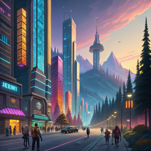 In the heart of Midgard City, a vibrant metropolis pulsates with life. Colorful, intricately designed skyscrapers stretch towards the sky, their reflective surfaces shimmering under the golden glow of streetlights. The city is teeming with inhabitants, each adorned in futuristic attire, navigating the bustling streets. Behind the urban landscape, a backdrop of towering, enchanted forests and celestial mountains looms, casting an air of wonder and magic over the scene.