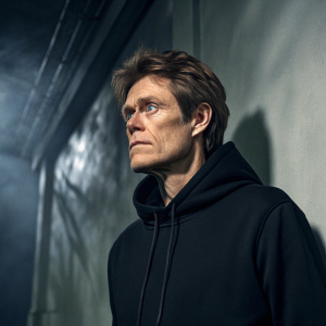 Digital art of Willem Dafoe, intense stare. Black hoodie, standing against shadowy backdrop.