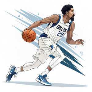 Modern digital illustration of Spencer Dinwiddie. Basketball player, Dallas Mavericks. Dynamic pose, stylized art style.