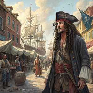 A detailed caricature of Jack Sparrow. Port Royale marketplace, surrounded by pirate ships and townsfolk.