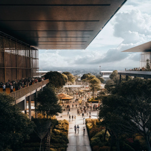 High-resolution 3D rendering of Parque Automotriz La Estrella in Medellín, Colombia. Bustling outdoor event space with vibrant crowds. Modern architecture seamlessly blends with lush greenery and open-air elements.