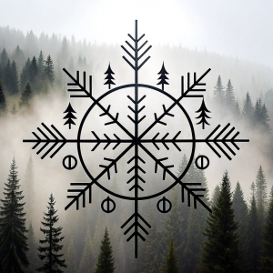 vegvisir geometric symbols - ragnar and trees - tattoo design - perfect realistic art - high-definition - grey and black - white background 