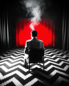 Man sitting on a chair, smoking, zig zag carpet, david lynch, twin peaks, photo from behind his back, symmetrical
