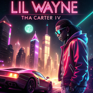 Lil Wayne's Tha Carter IV album cover. Bright neon colors and futuristic design. Background is a glowing, digital cityscape