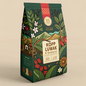 Digital illustration of Kopi Luwak Sumatra coffee packaging. Features hand-drawn illustrations, vibrant colors, and lush greenery. Labels adorned with intricate graphics and traditional coffee branding elements.