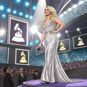 Britney Spears, at the Grammy Awards, wearing a stunning silver sequined gown. The stage is set with large monitors displaying the show logo.