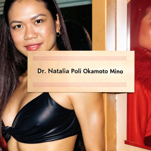 Dr. Natalia Poli Okamoto Mino's business card highlights her contact details and office address in a clear, simple layout.