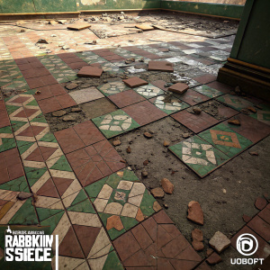 Digital concept art for Rainbow Six Siege. Focus on destructible environment. Detailing a battle-scarred floor composed of brown and green mosaic tiles.
