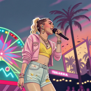 Miley Cyrus, Caucasian, youthful look, trendy outfit. On stage at Coachella, vibrant colors and energetic visuals around her. Neon lights and modern pop aesthetics.