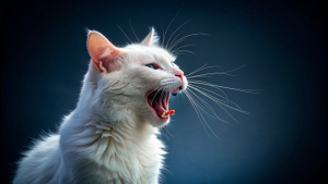 white cat,screaming,eyes closed,side view,looking up,dark blue background