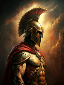 crea un guerrero gladiador espartano semidios de perfil entre las sombras