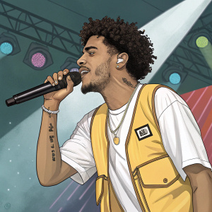 AJ Tracey, a performer with a dynamic stage presence, focuses intensely. He sports curly hair and a striking outfit - a white t-shirt and a yellow vest adorned with a logo. Set against a colorful backdrop, the scene captures a vibrant performance