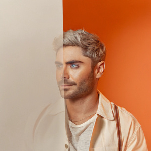 Zac Efron's graphic portrait. Bold blue and gray colors. Empty white canvas backdrop.