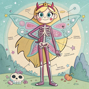 Fantastical illustration of Star Butterfly. Detailed skeleton design, pastel color scheme. Flat cartoon style, fantastical background, labeled anatomy.