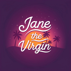 Modern logo design for Jane the Virgin. Stylized font with flowing cursive letters. Deep magenta to warm orange gradient background. Eye-catching and distinctive. Prominent central placement in the image. Simple, focused composition.