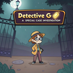 Main menu of 'Detective G: A Special Case Investigation'. Cartoon detective character G stands in front of a mysterious background. Text banner with game title and storyline. Play button prominently displayed.