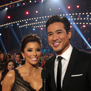 Eva Longoria and Mario Lopez, dressed formally, center stage at a glitzy awards ceremony. Bright lights and cheering crowd in background.