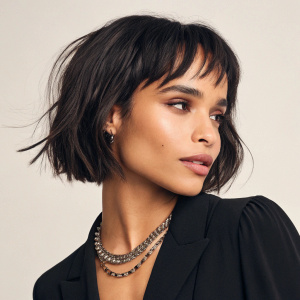 Close-up shot of Zoe Kravitz. She sports a trendy bob haircut with side-swept bangs. Wearing elegant black blouse and matching necklace. Professional photo shoot in a studio with soft lighting.